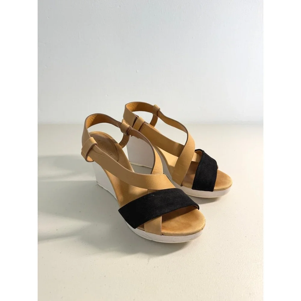 See by Chloe Leather Suede Colorblock Wedge Sandals Tan Black White 40 10